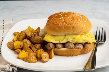  scramble egg egg and sausage breakfast sandwich