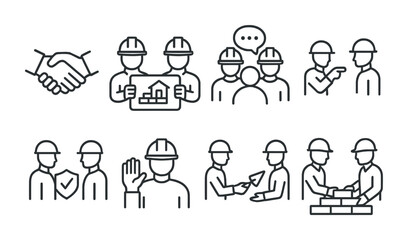 Bricklayer Teamwork Icons. Outline icon set of bricklayer’s teamwork: handshake, blueprint sharing, group