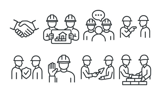 Bricklayer Teamwork Icons. Outline icon set of bricklayer’s teamwork: handshake, blueprint sharing, group