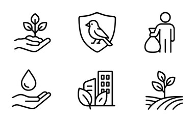 Conservation Efforts Icons. Outline icon set of conservation efforts: tree planting, wildlife sanctuary,