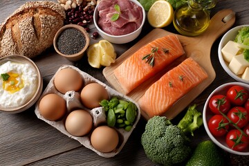 A weekly balanced diet plan laid out with fresh ingredients, showcasing a variety of healthy food options neatly arranged on the table.