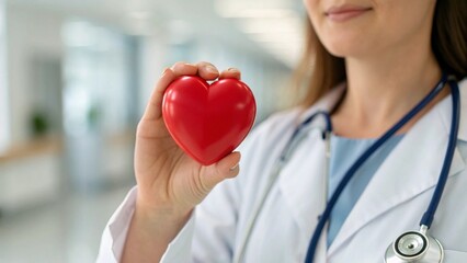 Doctor Holding a Red Heart Model with Stethoscope, Emphasizing Cardiovascular Health and Medical Care