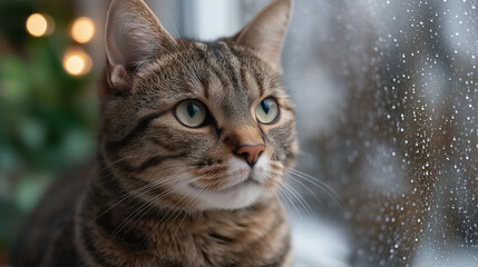 Fototapeta premium A tabby cat looking out a rain-speckled window on a cozy day