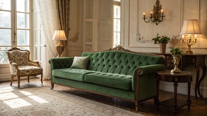 Elegant Vintage Living Room with Green Velvet Tufted Sofa and Classic Decor