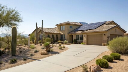 Energy-Efficient Suburban Home with Solar Panels in a Sunny Desert Landscape