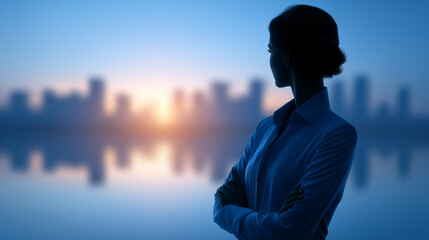 Inspiring Businesswoman at Sunrise Over City Skyline