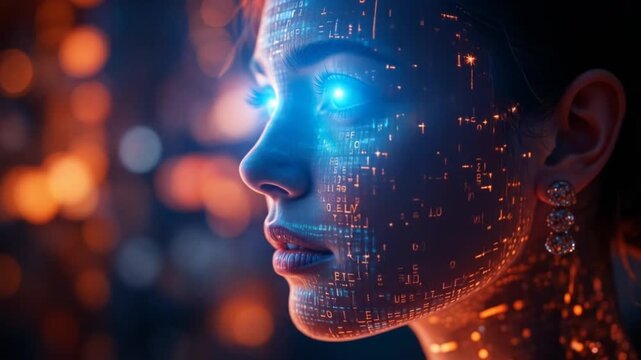 Human-computer interaction concept - HCI. A person with binary code projected onto their face, an intimate interaction between humans and digital technology in the digital world. 4k video