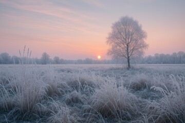 Serene frosty sunrise landscape scene.