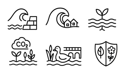 Coastal Protection Icons. Outline icon set of coastal protection benefits: wave barrier, storm surge, soil