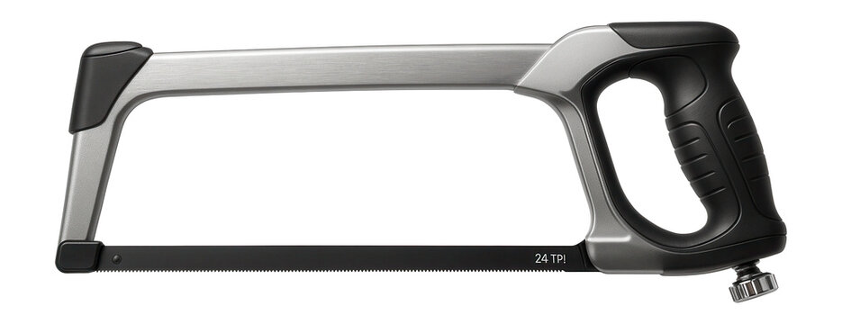 High-tension hacksaw with an ergonomic curved handle and a 24 TPI bi-metal blade for precise cuts.