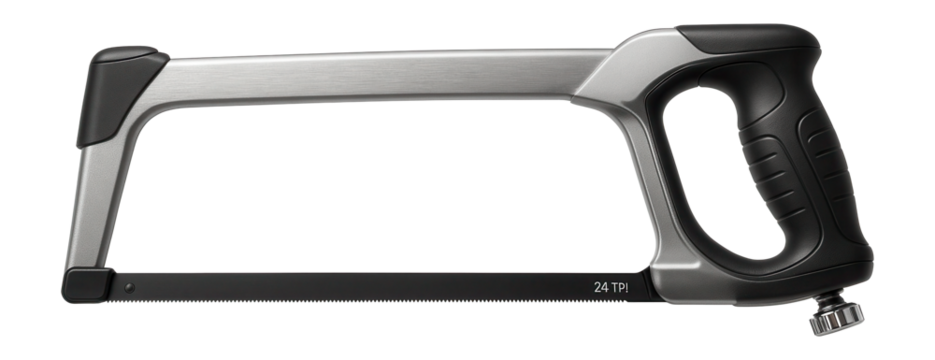 High-tension hacksaw with an ergonomic curved handle and a 24 TPI bi-metal blade for precise cuts.