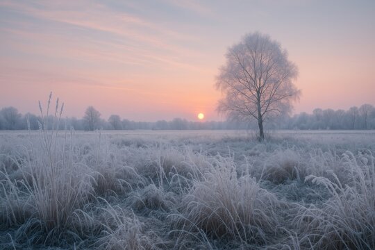 Serene frosty sunrise landscape scene.