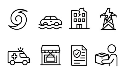 Severe Weather Icon Set. Outline icon set of severe weather and its impact on local economies: hurricane,