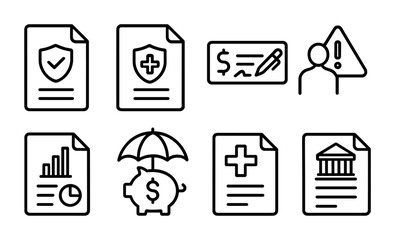 Finance and Insurance Icons. Outline icon set of insurance and finance: insurance policy, claim form, payout