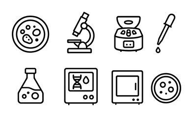 Microbiology Tool Icons. Outline icon set of microbiology tools: petri dish, microscope, centrifuge, pipette,