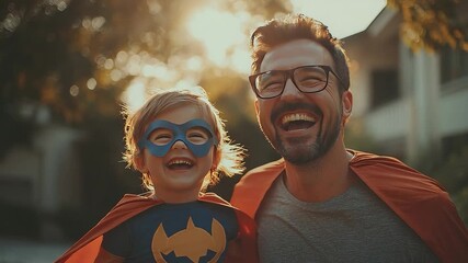 Father and Son Superhero Moment: A heartwarming scene of a father and son, both in superhero attire, share a joyful laugh in the sunlight, embodying love, imagination, and the spirit of play.