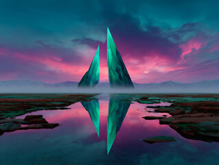 Sharp crystal towers in pink twilight sky with vivid mirrored reflection