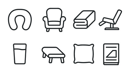 Comfort Features Icons. Outline icon set of client comfort features: neck rest, cushioned chair, blanket,