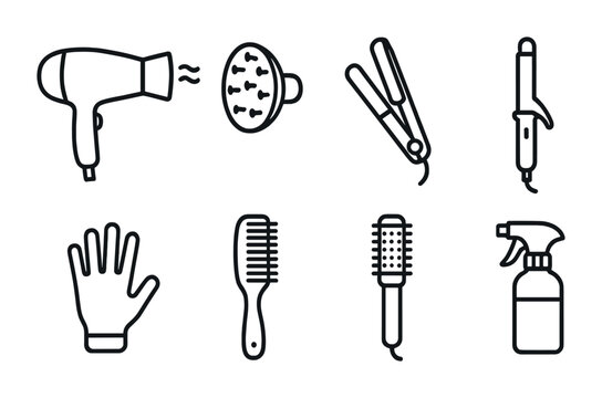 Hair Styling Icons. Outline icon set of hair drying and styling equipment: hair dryer, diffuser, flat iron,