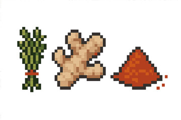 Fototapeta premium Pixel art of herbs, ginger root, and spice pile