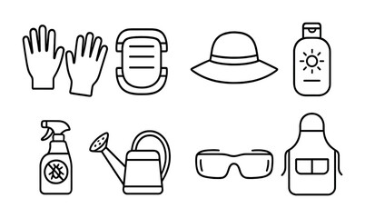 Balcony Gardening Essentials. Outline icon set of safety and comfort for balcony gardening: gloves, knee pads,