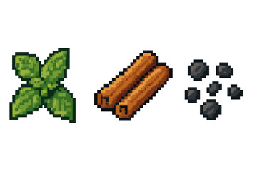 Pixel art of basil, cinnamon sticks, and coal on neutral background