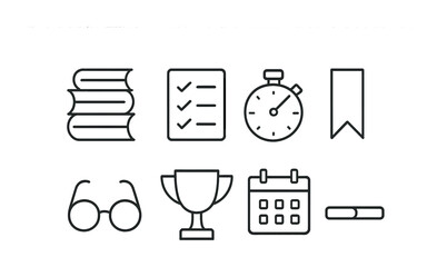 Reading Challenge Icons. Outline icon set of reading challenges: book stack, checklist, timer, bookmark,