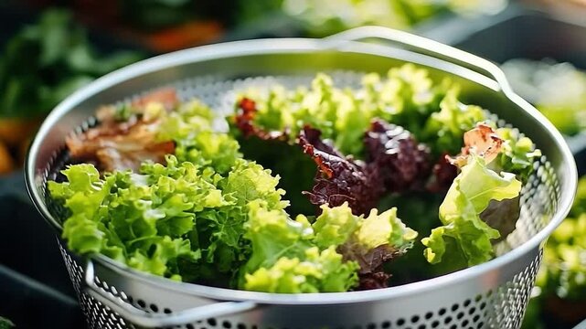Bowl of greens is in a colander. The greens are fresh and healthy. The colander is silver and has small holes