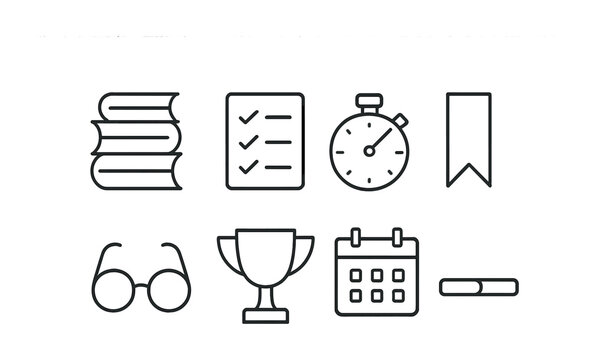 Reading Challenge Icons. Outline icon set of reading challenges: book stack, checklist, timer, bookmark,
