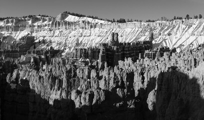 Wide angle panorama of Bryce Canyon National Park (Utha, USA) on a cold winter morning after...