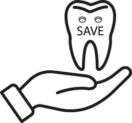 Tooth in hand icon with 'SAVE' text symbolizing emergency dental preservation or urgent tooth rescue with transparent background
