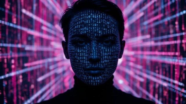 Human-computer interaction concept - HCI. A person with binary code projected onto their face, an intimate interaction between humans and digital technology in the digital world. 4k video