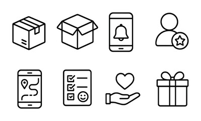 Shipping Experience Icons. Outline icon set of customer experience in shipping: package arrival, unboxing,