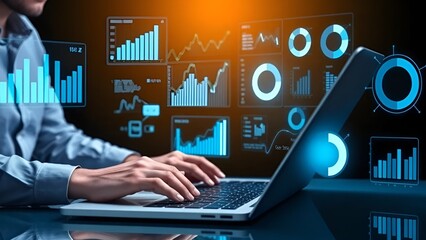 Fototapeta premium Professional Data Analyst Working on Laptop – Modern Business Intelligence Dashboard