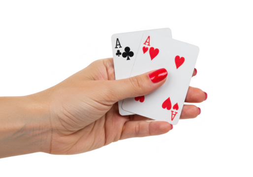 A womans hand with red nail polish holding two aces of spades and hearts, ready for a game of cards isolated on transparent background