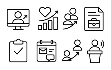 Career Metrics Icons. Outline icon set of career visibility metrics: profile views, engagement rate, follower