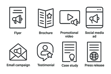 Brand Promotion Icons. Outline icon set of brand promotion materials: flyer, brochure, promotional video,