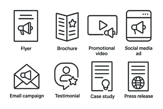 Brand Promotion Icons. Outline icon set of brand promotion materials: flyer, brochure, promotional video,