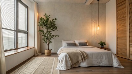 Minimalist Loft-Style Bedroom with Neutral Tones, Large Window, and Warm Ambient Lighting