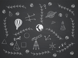 vector set of chalk educational doodles on blackboard