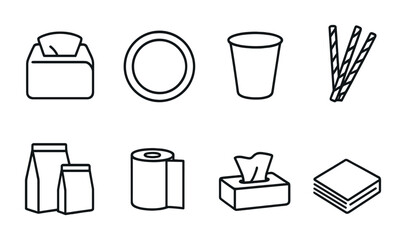 Disposable Paper Icons Set. Outline icon set of disposable paper products: napkin dispenser, paper plates,