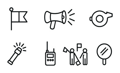Obraz premium Maritime Signal Icons. Outline icon set of maritime signals: flags, horn, light beacon, whistle, flare, radio,