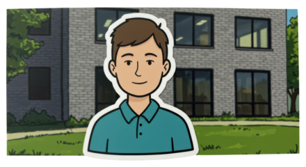 Cartoon Man Sticker on University Campus Background