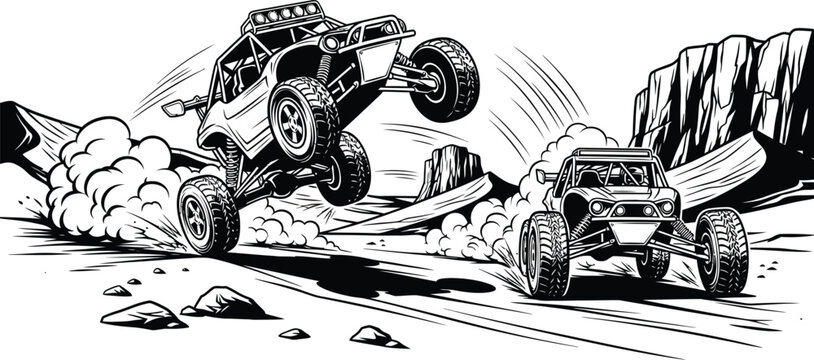 An offroad buggy soars through the air after launching off a dune, with another buggy racing close behind in the desert