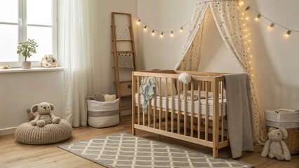 Cozy Scandinavian Baby Room with Wooden Crib, Canopy, Fairy Lights, and Soft Decor