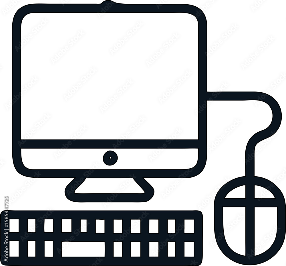 Poster outline pc computer icon with monitor, keyboard and mouse setup