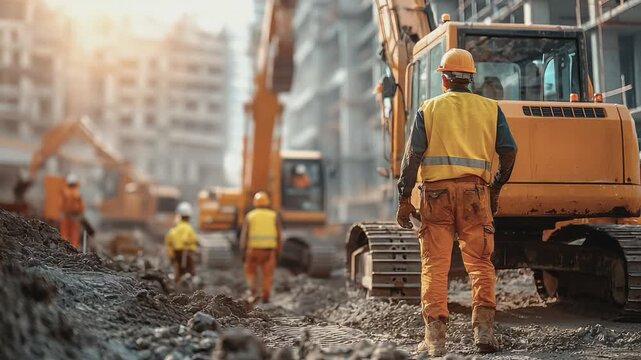 Construction Site Dynamics: Workers diligently at work on a bustling construction site, with heavy machinery, highlighting the collaborative effort required to bring structures to life.