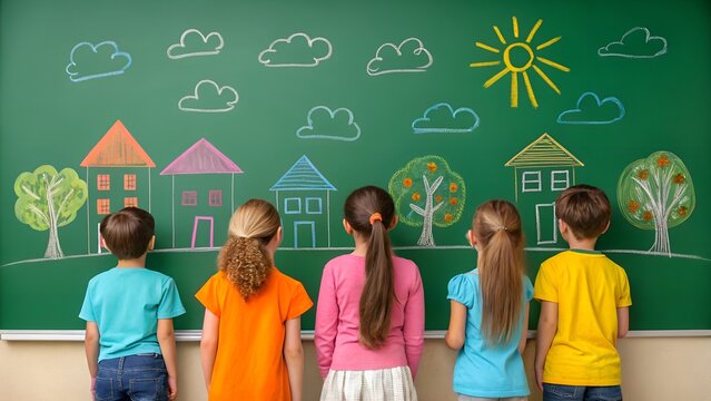 Group of children drawing on school chalkboard with chalks