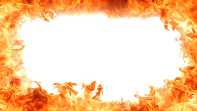 Fiery border frame with intense orange flames and embers isolated on transparent background