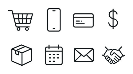 Online Sales Icons. Outline icon set of online sales: shopping cart, smartphone, credit card, dollar sign,